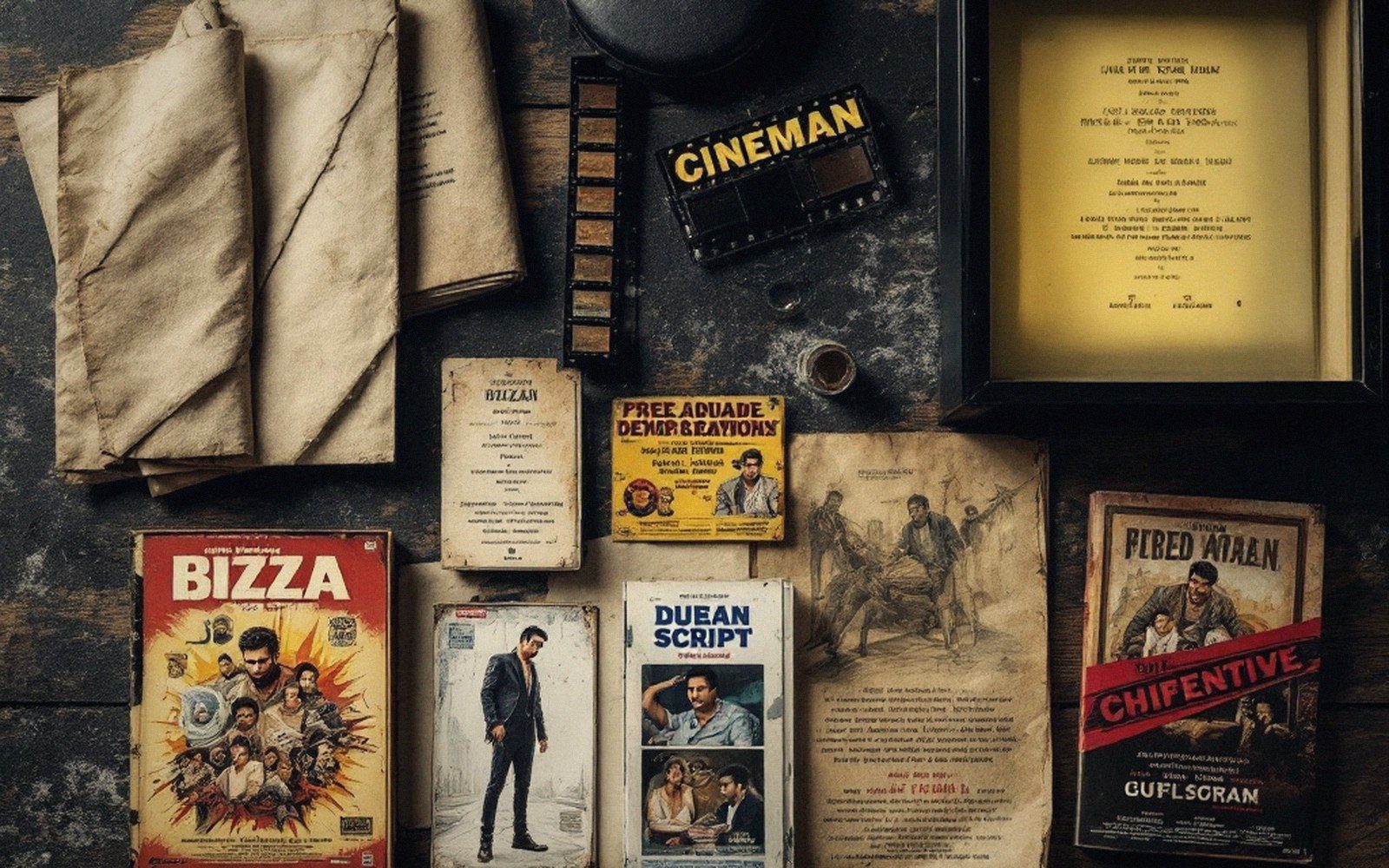 Vintage film posters, scripts and reel canisters arranged flat on a wooden surface